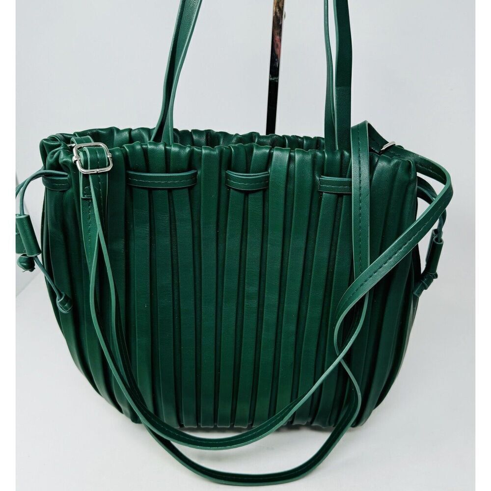 Green Faux Leather Pleated Drawstring Bucket Bag Shoulder Crossbody